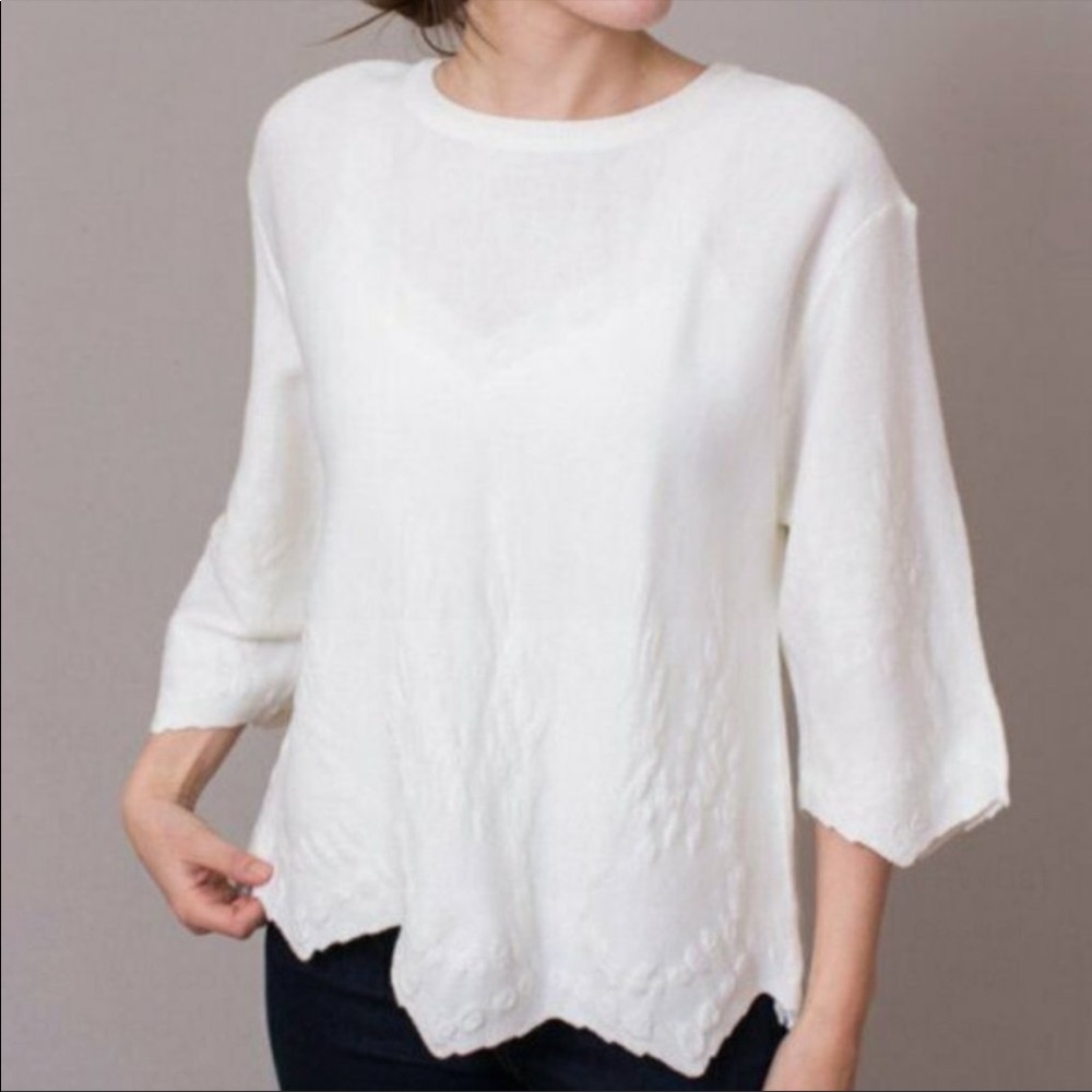 J.O.A. Los Angeles Pointed Hem Embroidered Cream Sweater - Picture 9 of 11
